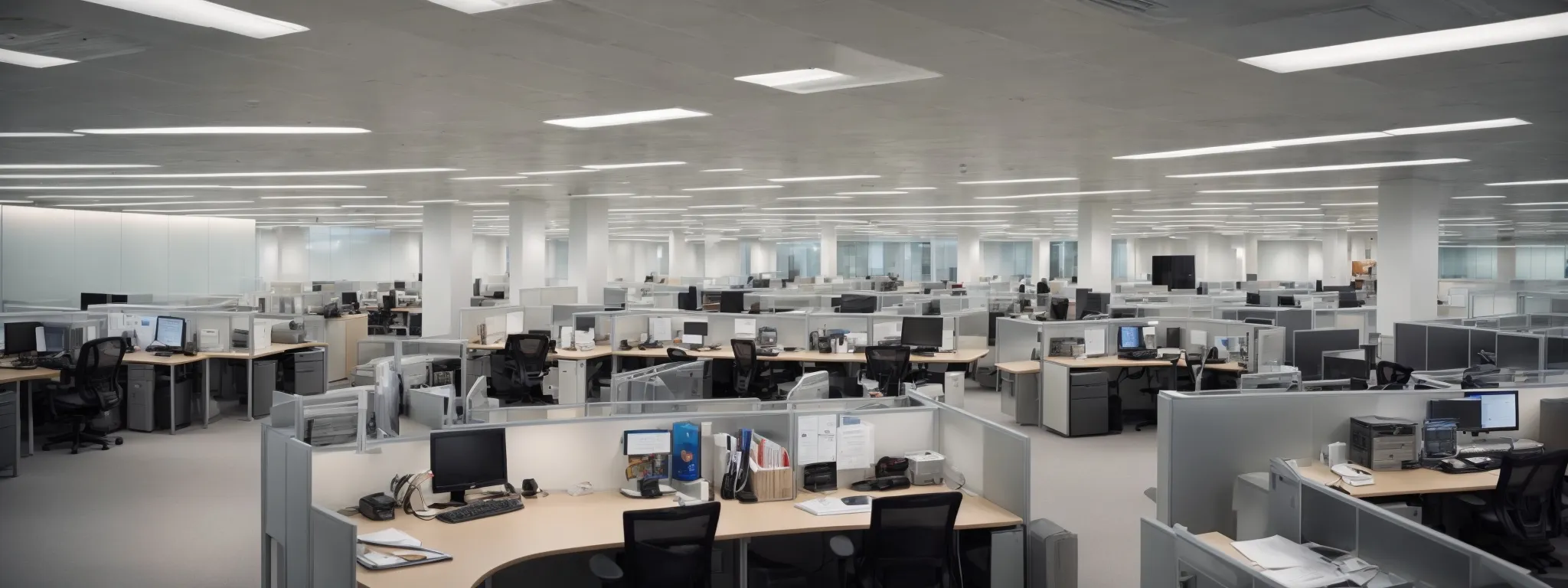 a wide-angle shot of a modern corporate office with various departments working in unison, symbolizing the integrated nature of erp systems.