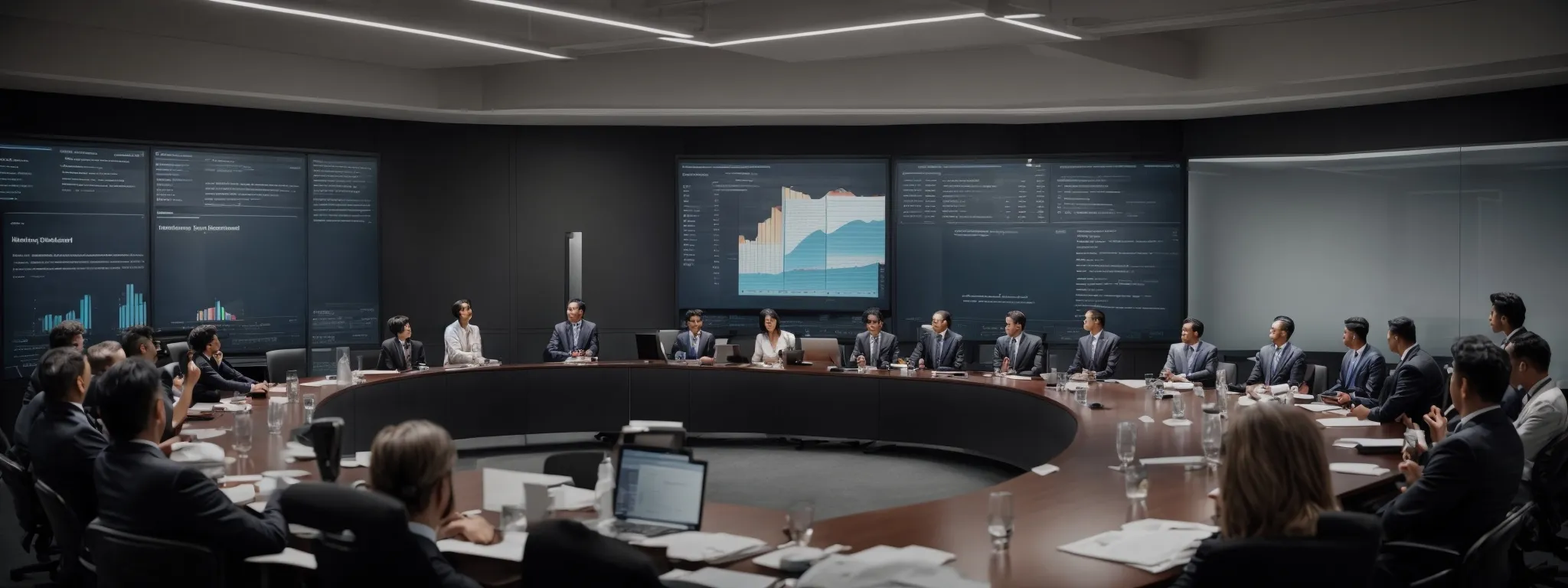 a conference room where business professionals intently focus on a presenter demonstrating erp software on a large screen.