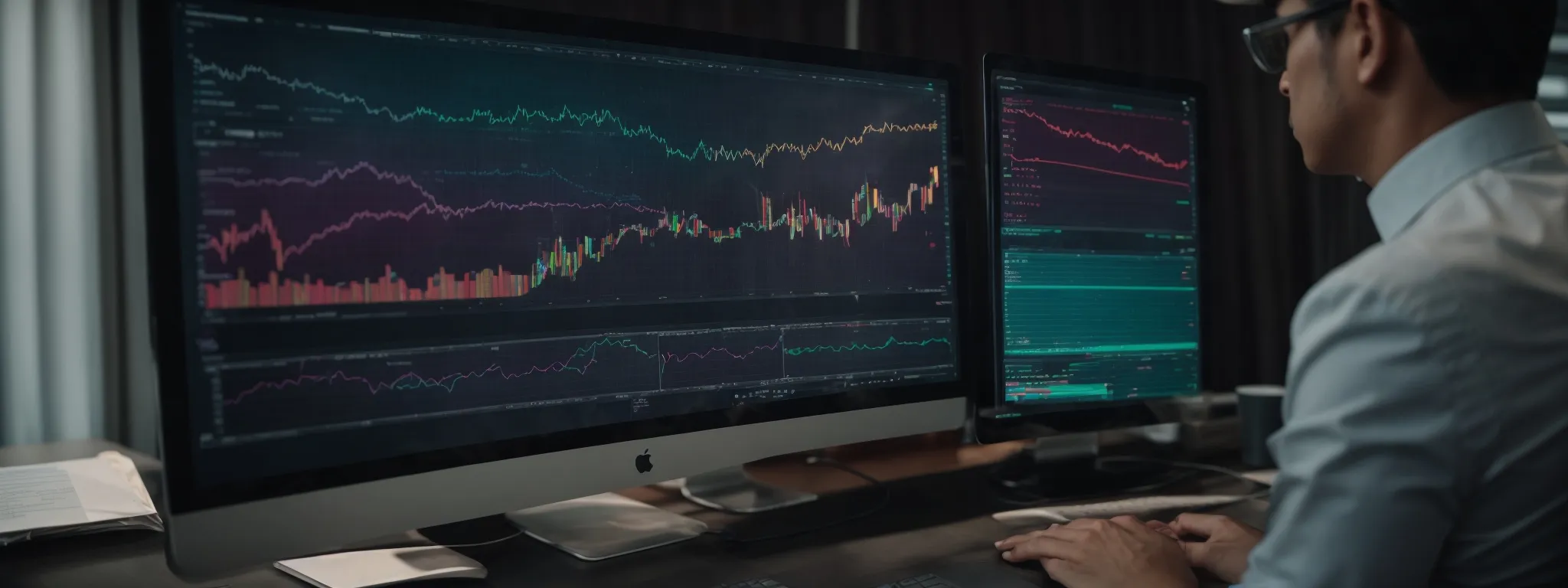 a busy marketer analyzes a colorful data visualization chart representing user search queries on a large computer monitor.
