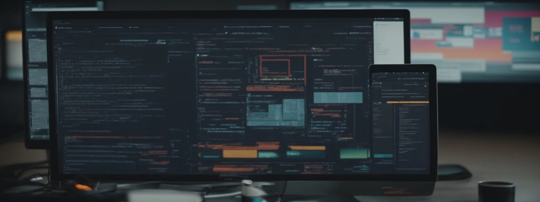 a computer screen displays a stopwatch surrounded by various web development icons, symbolizing the optimization of webpage load times.