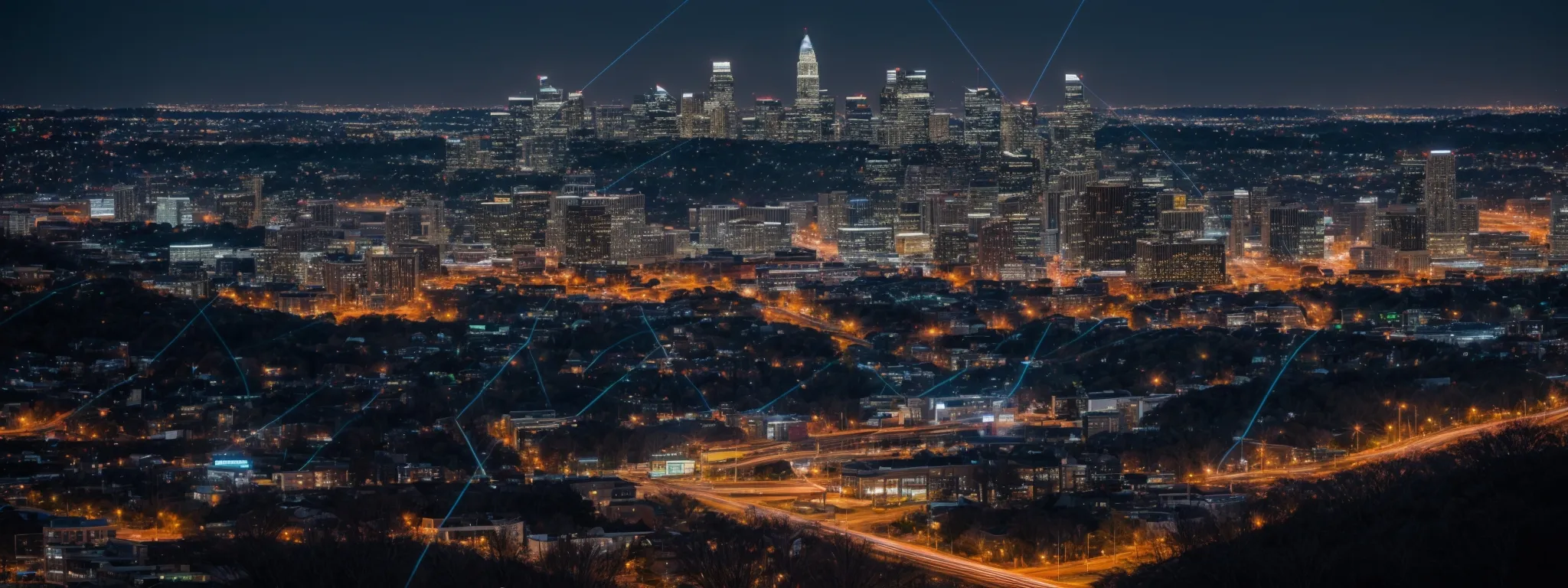 a wide view of the virginia skyline with a backdrop of glowing digital network connections symbolizing online expansion.