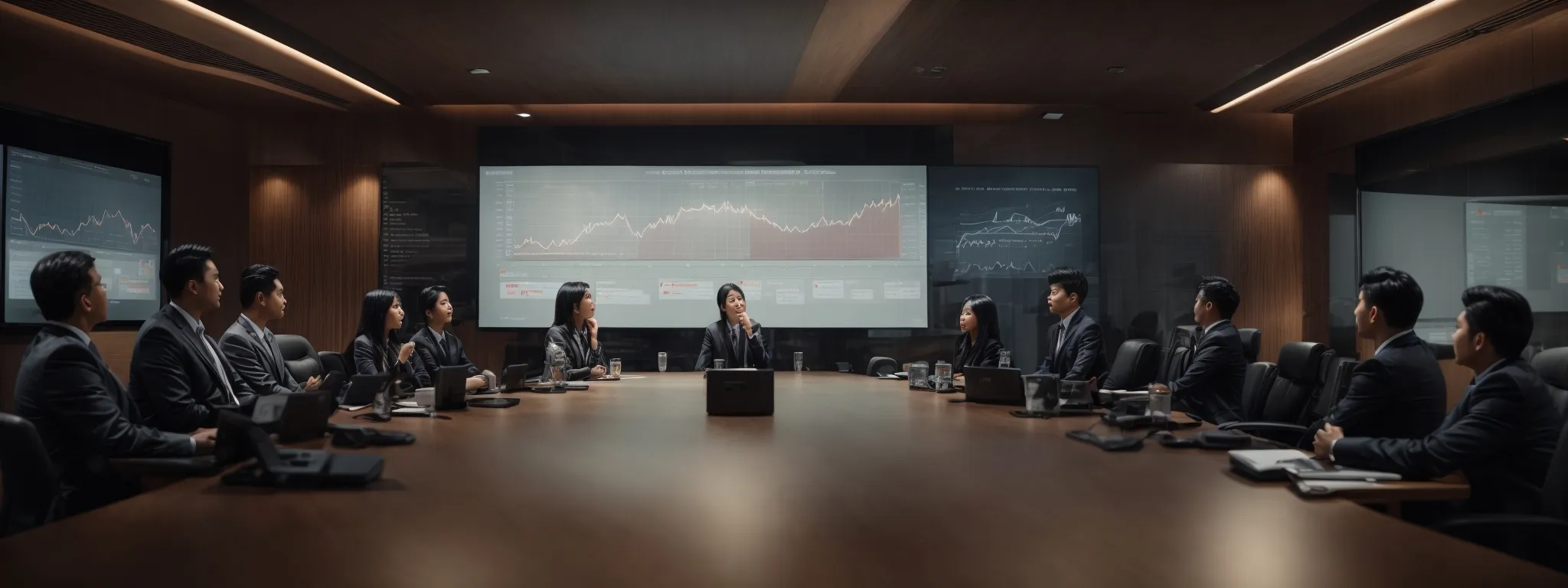 a professional meeting room with a large screen displaying graphs and seo trends as marketing experts engage in a strategy session.