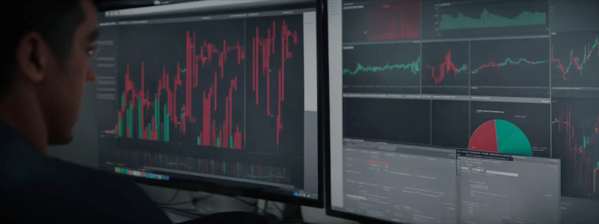 a marketer analyzes traffic data on a computer dashboard, revealing a pie chart of website visitor sources.
