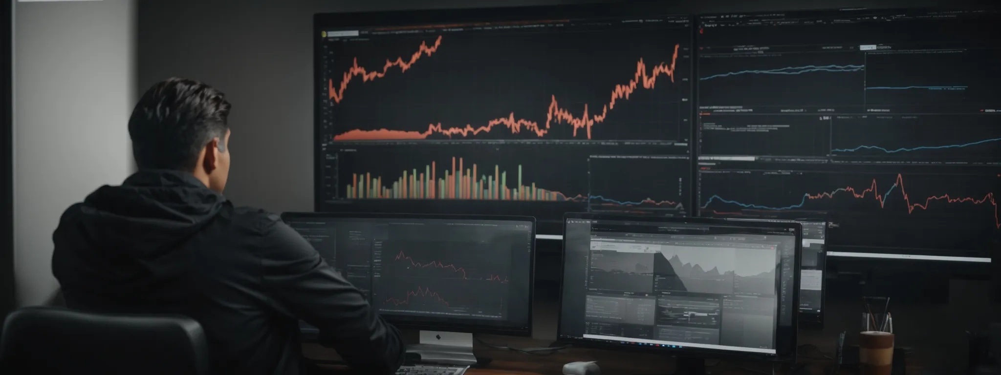 a person at a computer reviewing a website's seo performance with visible charts depicting link types.