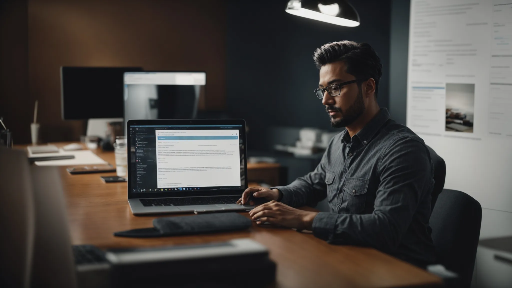 a marketer analyzing a website's content on a computer screen with an seo checklist beside them.