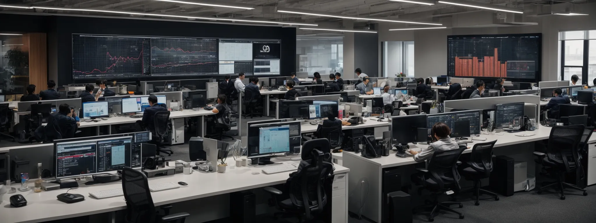 a vibrant open-plan office with modern computers and interactive displays showing graphs while teams engage in creative brainstorming.