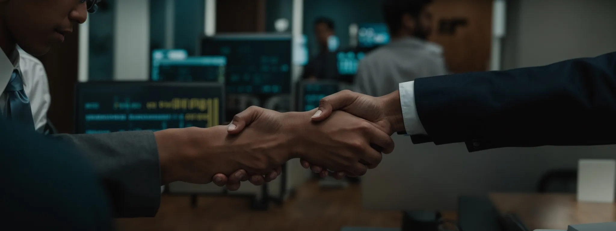 entrepreneurs shake hands over a digital device displaying growth analytics.