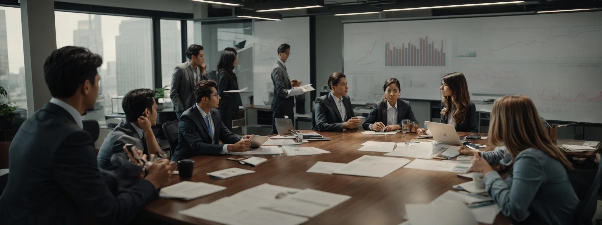 a group of professionals gathered around a large table in a bright office, analyzing charts and graphs while discussing strategies.