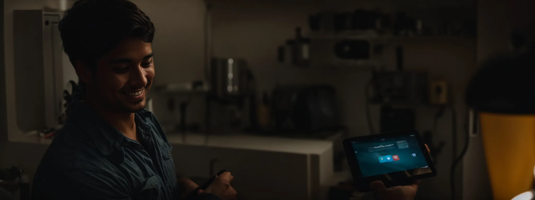 a plumber smiling while holding a tablet displaying a social media interaction.