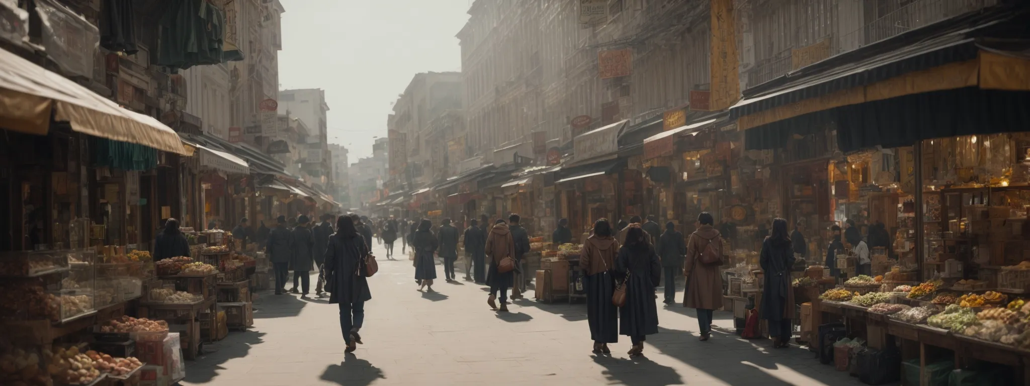 a bustling street with local shops, customers browsing, and no visible brands, serving as the foreground to a skyline that fades into the digital ether.