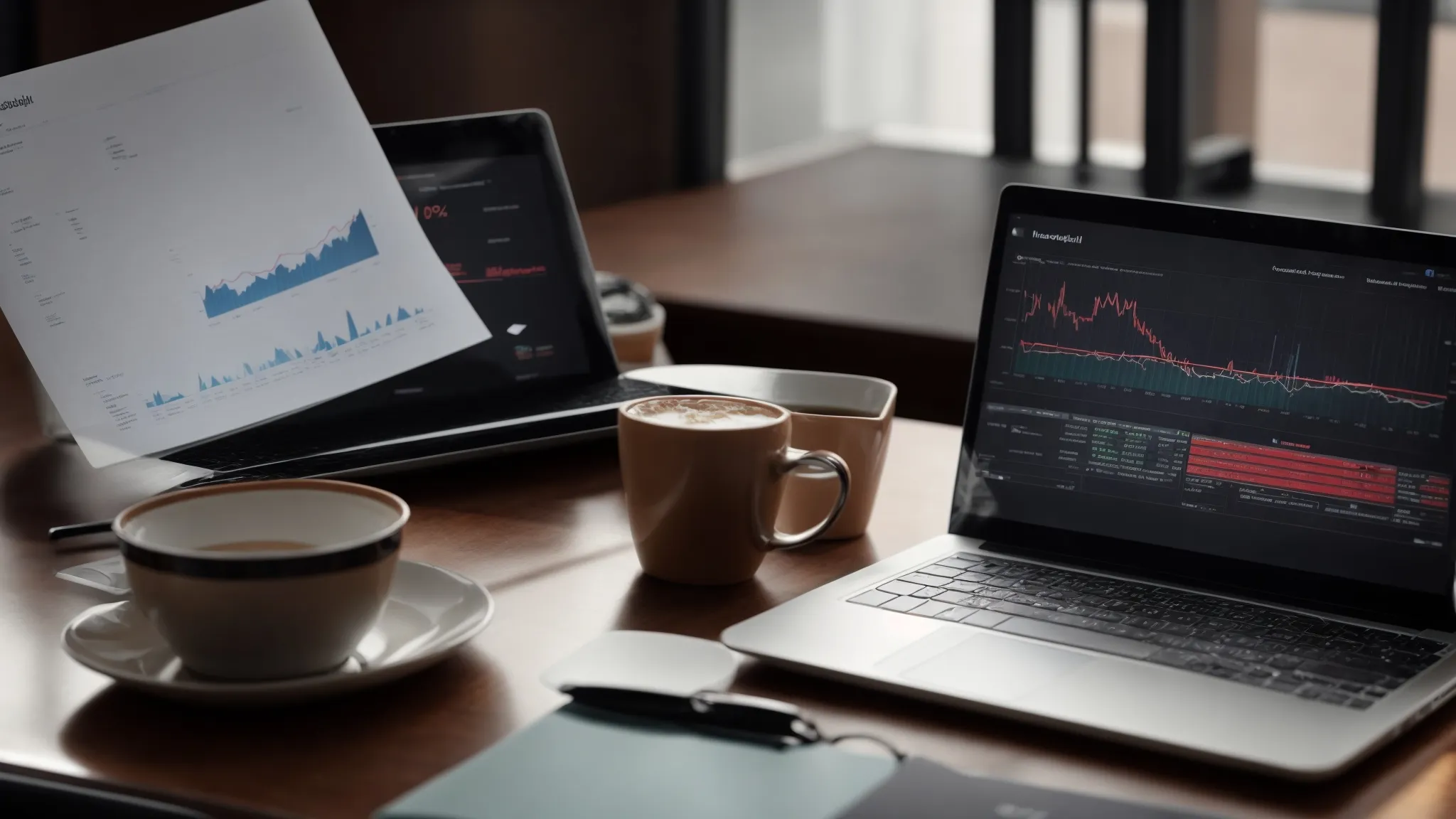 a laptop displaying graphs and checkmarks on a desk surrounded by marketing strategy documents.
