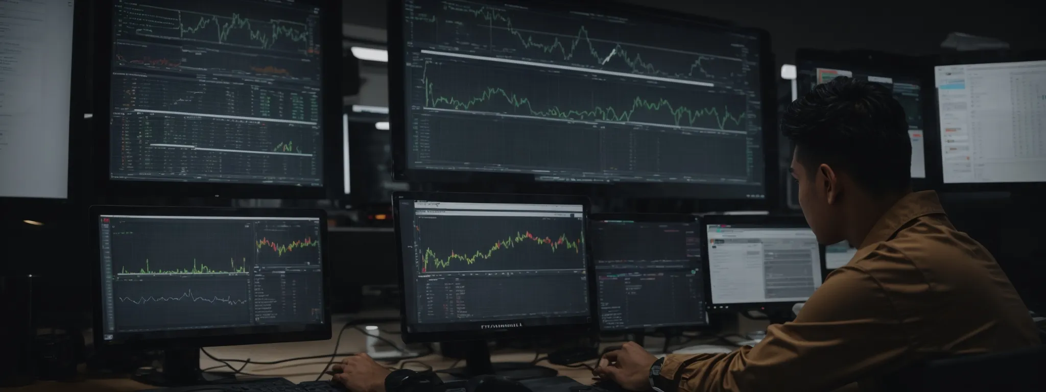 a focused individual studying analytics on a computer screen, surrounded by marketing strategy diagrams.