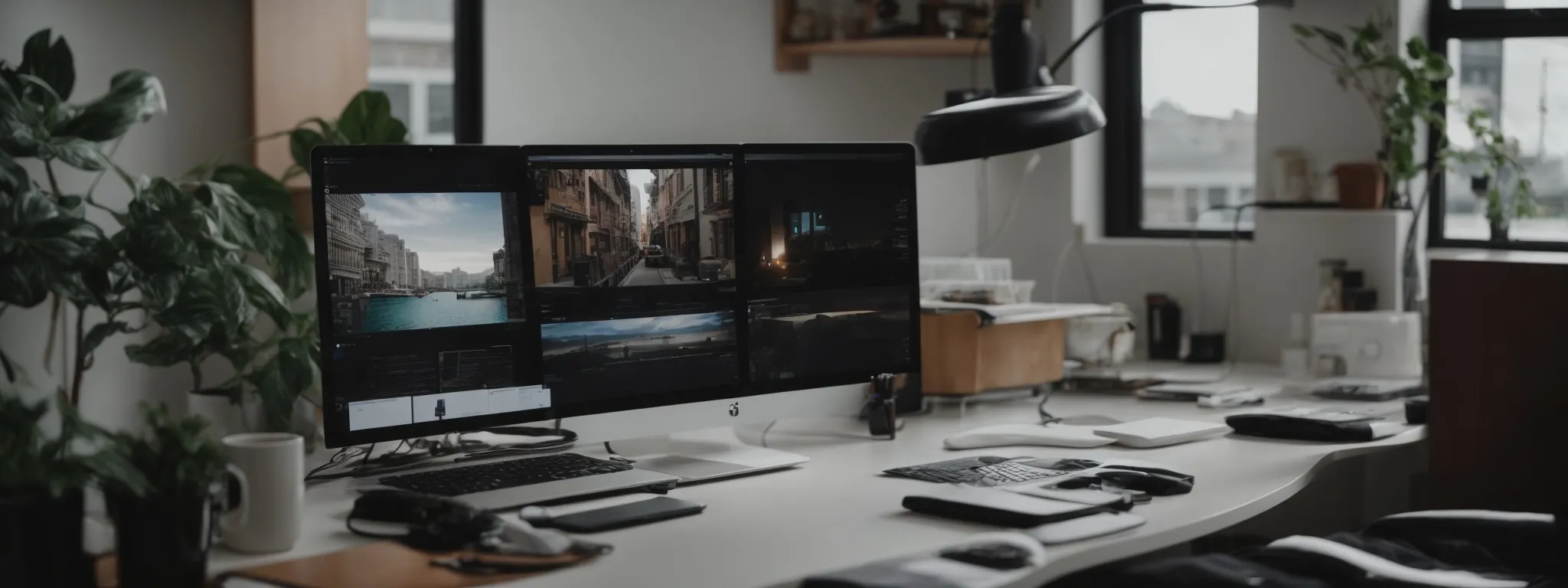 a designer aligns visual content on a computer screen with a printed mock-up beside it. 