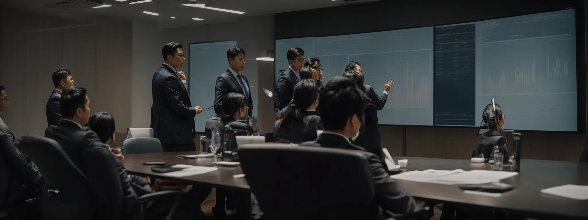 a focused team reviewing charts and graphs on a large screen in a meeting room.