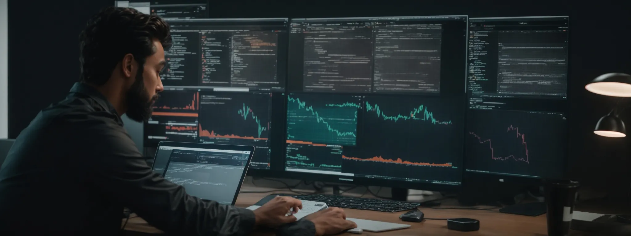 a digital strategist and a programmer are jointly examining a screen displaying web analytics and code, symbolizing collaboration in seo and web development.
