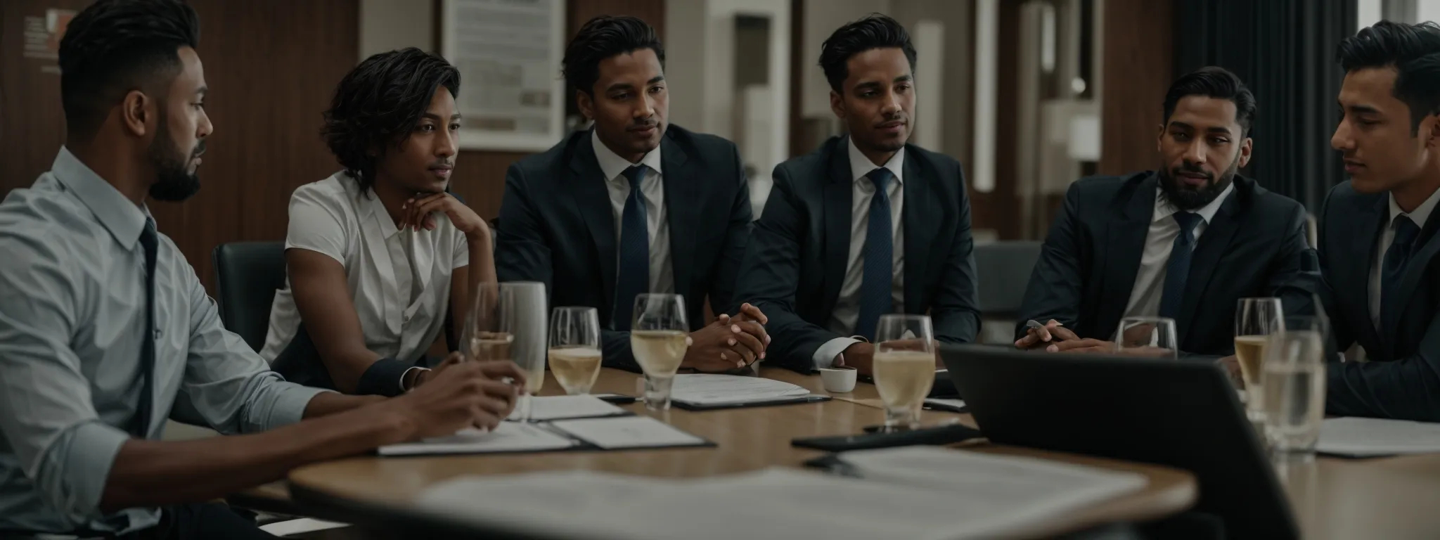 a confident business meeting where professionals discuss positive outcomes highlighted in a presentation.