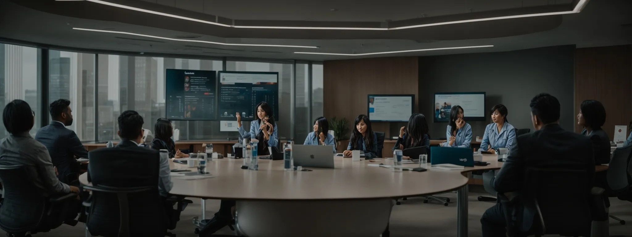 a conference room with a large screen displaying a social media dashboard while healthcare professionals engage in a roundtable discussion.