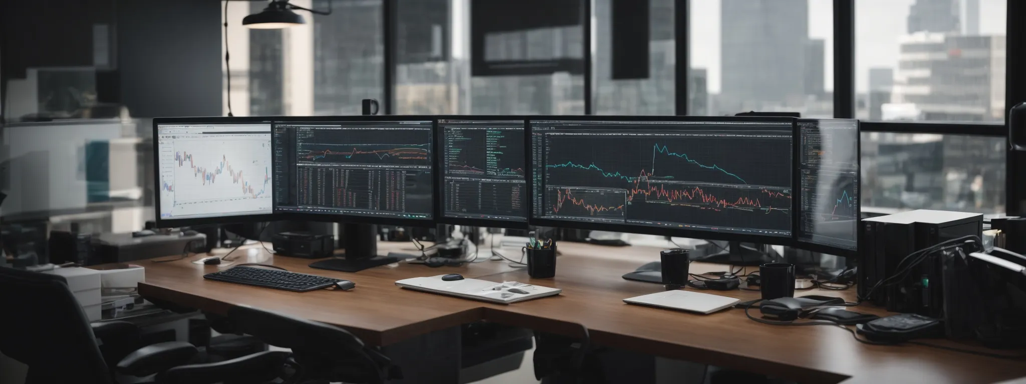a person sits at a modern, tidy desk with dual computer monitors displaying charts and analytics amidst a bright, contemporary office setting, suggesting a focus on digital marketing strategy.