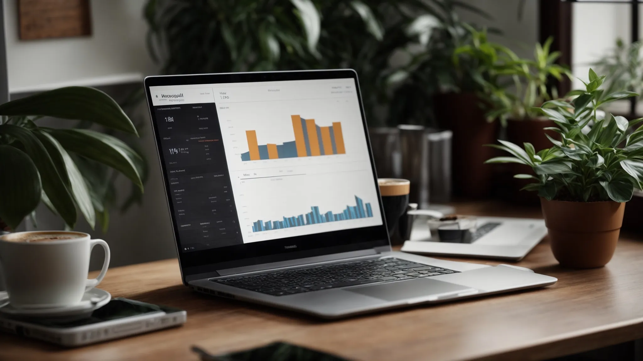 a desktop with an open laptop showing charts on the screen, a cup of coffee, and some potted plants positioned nearby.
