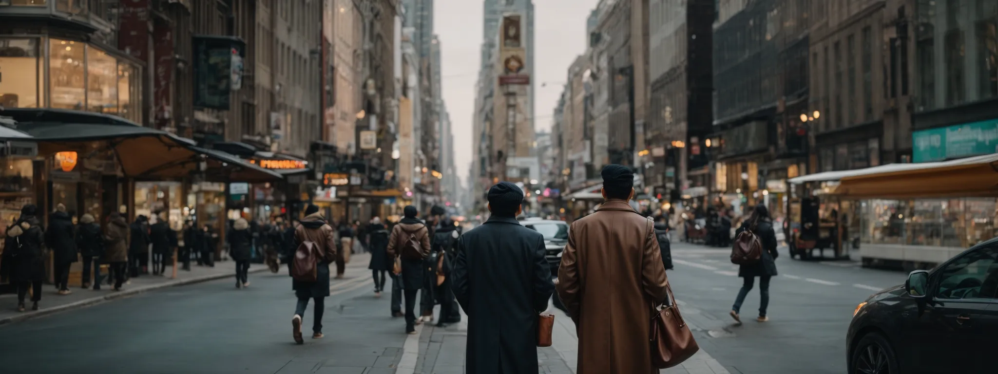 a person walks through a bustling city street, while intently browsing on their smartphone.