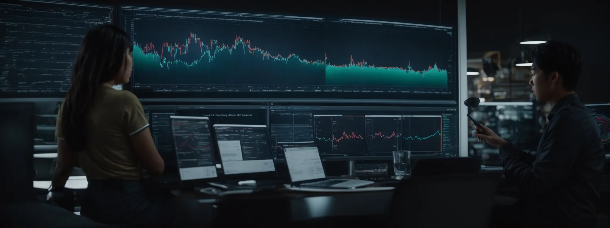 a team of professionals examines a dashboard displaying website traffic analytics graphs and charts.