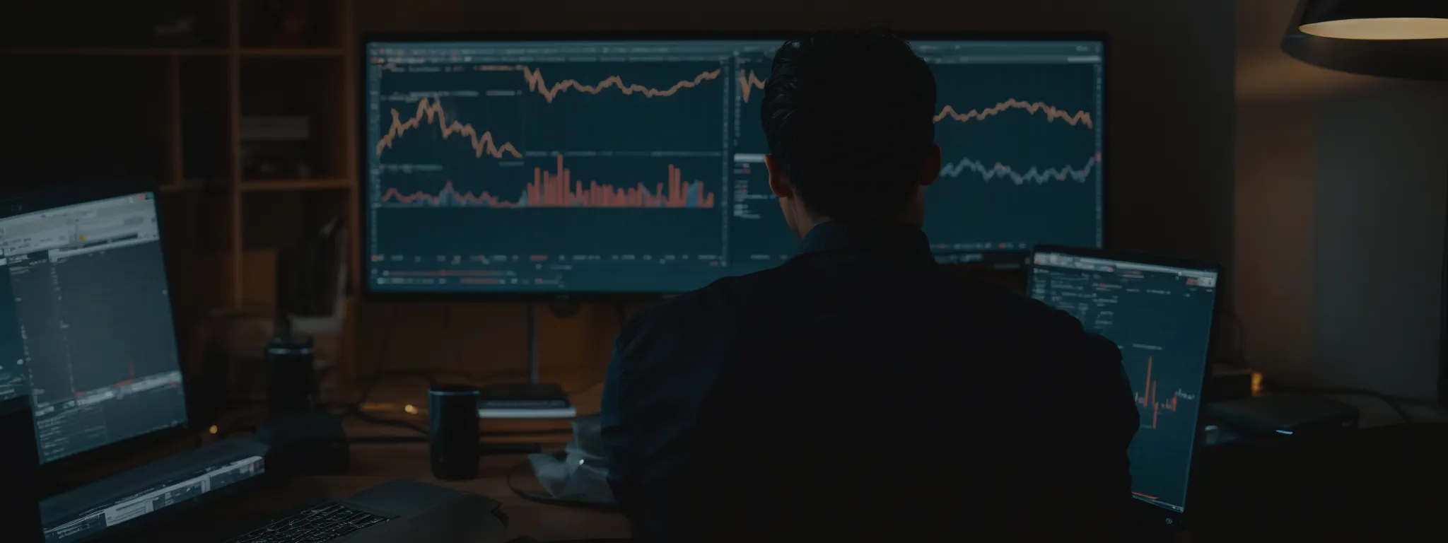 a person sits in front of a computer, analyzing graphs and data charts that represent search engine keyword trends and performance.