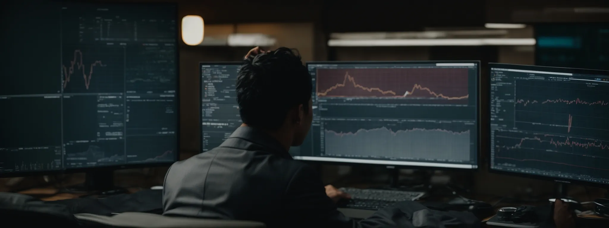 a professional sitting at a computer with analytics on the screen, outlining a strategic plan.