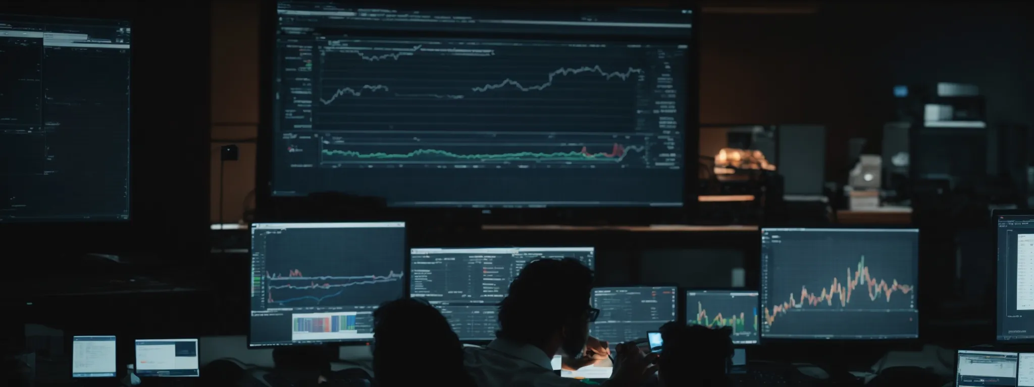 a person at a computer, analyzing graphs and social media analytics on the screen.