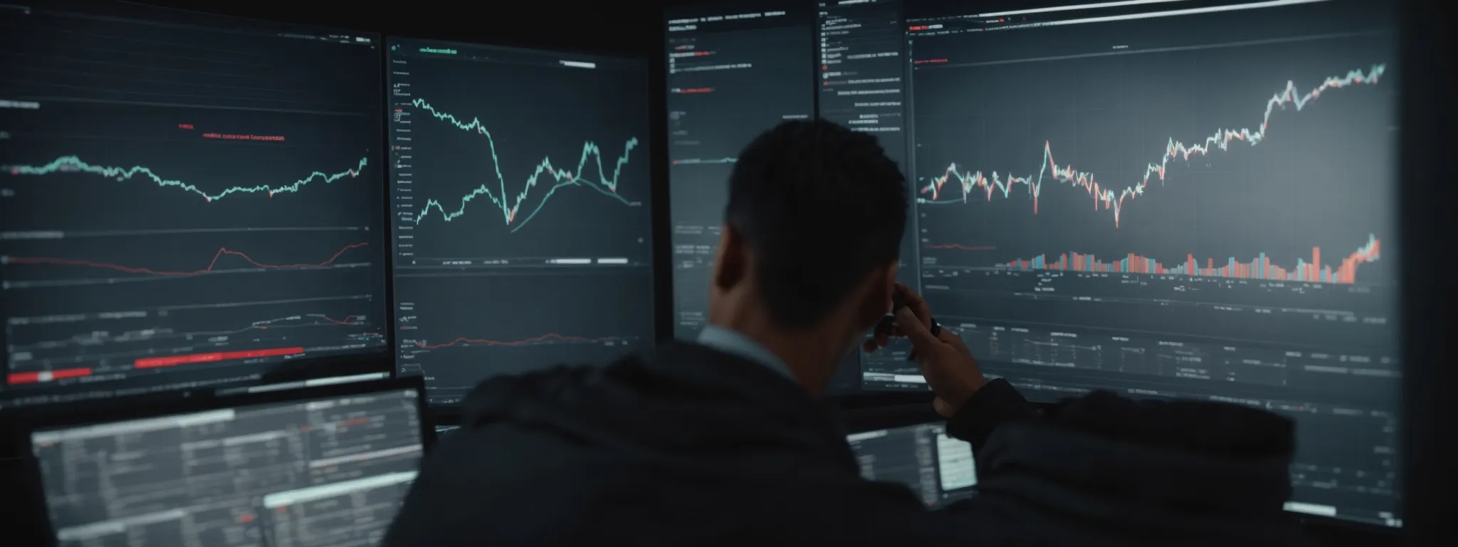 A person sits in front of multiple computer monitors displaying financial charts, graphs, and trading data in a dimly lit environment.