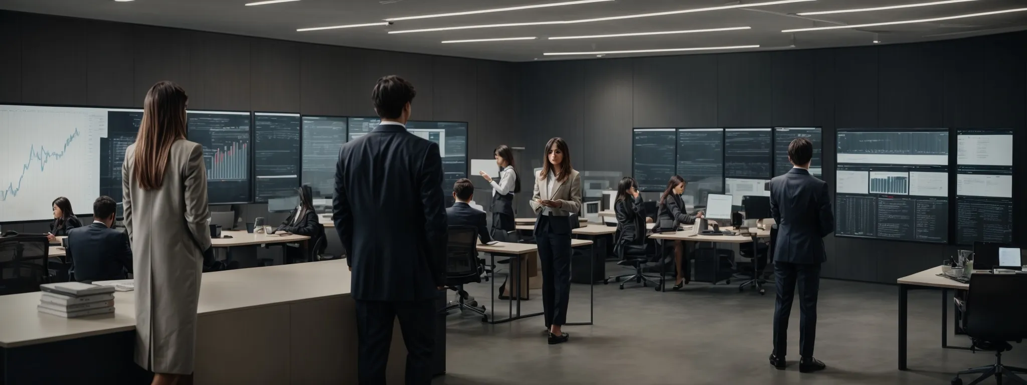 a modern office environment with digital marketing professionals analyzing data on a large screen that displays a web search results page.