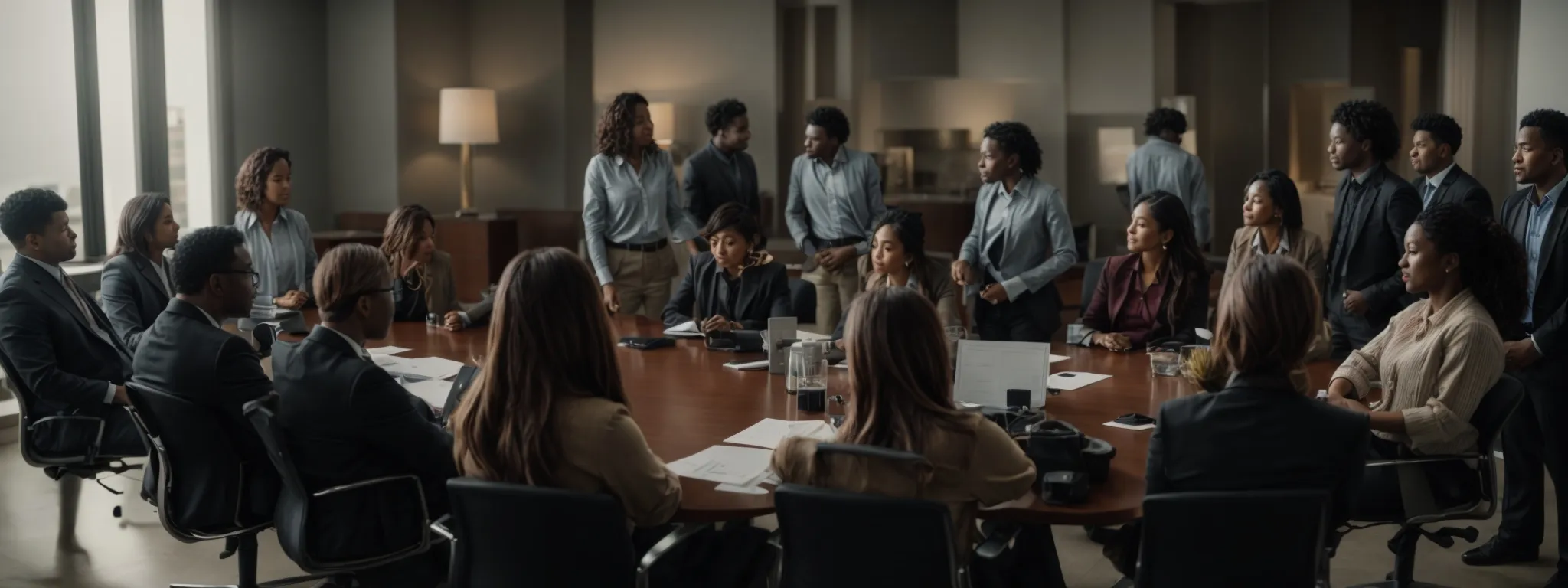 a diverse group of professionals gathered around a conference table, actively discussing strategies over documents and digital devices.
