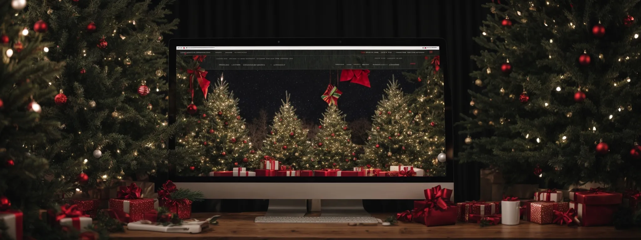 a computer screen displaying a festively decorated website for a christmas tree farm, showcasing trees and digital marketing graphics.