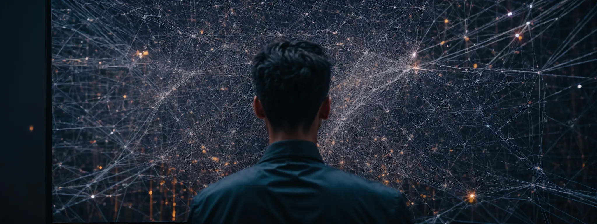 a web developer examines an on-screen network of interconnected web pages, symbolizing the intricate structure of seo content linking.