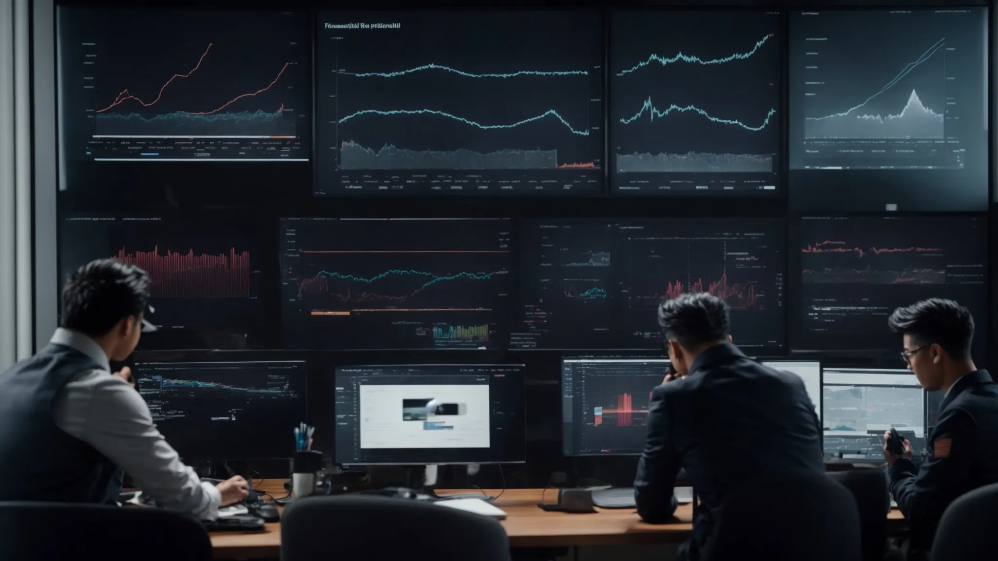 two groups of professional teams facing each other, one with devices displaying graphs, the other with creative drafts, emphasizing their focus on data and creativity respectively.