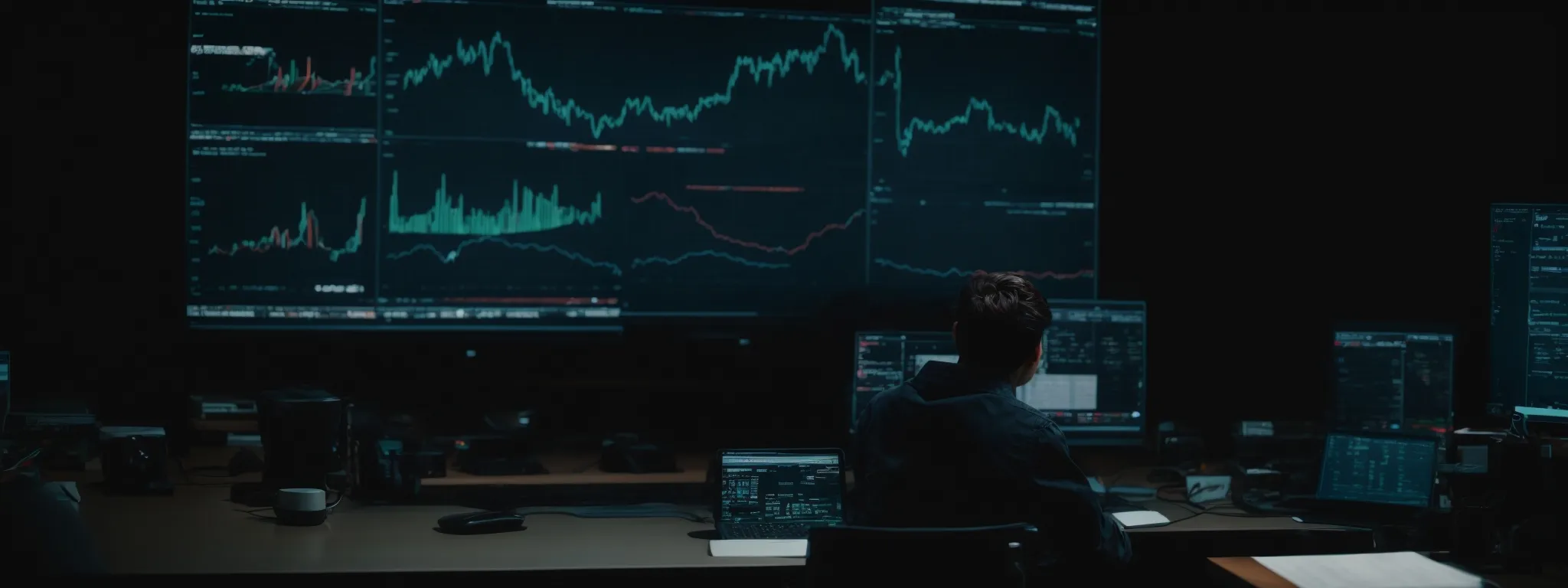 a person sitting before a large computer screen, intensely analyzing complex seo analytics and strategies.