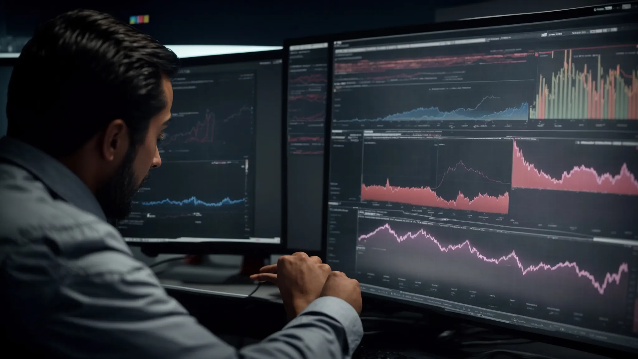 a professional analyzing complex graphs and charts on a computer screen displaying website performance metrics.