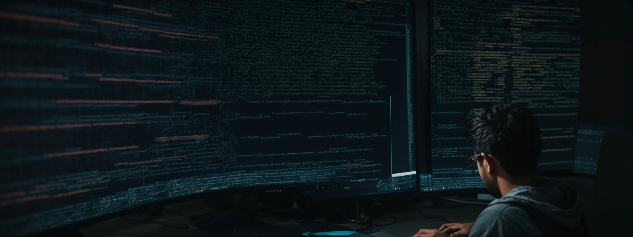 a programmer intently reviews lines of javascript code on a computer screen, optimizing web page metadata for search engines.