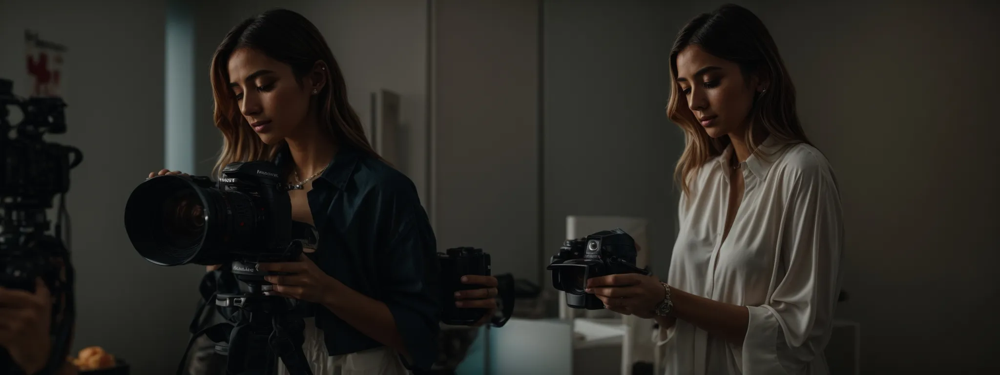 an influencer holding a stylish product, surrounded by professional lighting, with a camera capturing the endorsement.