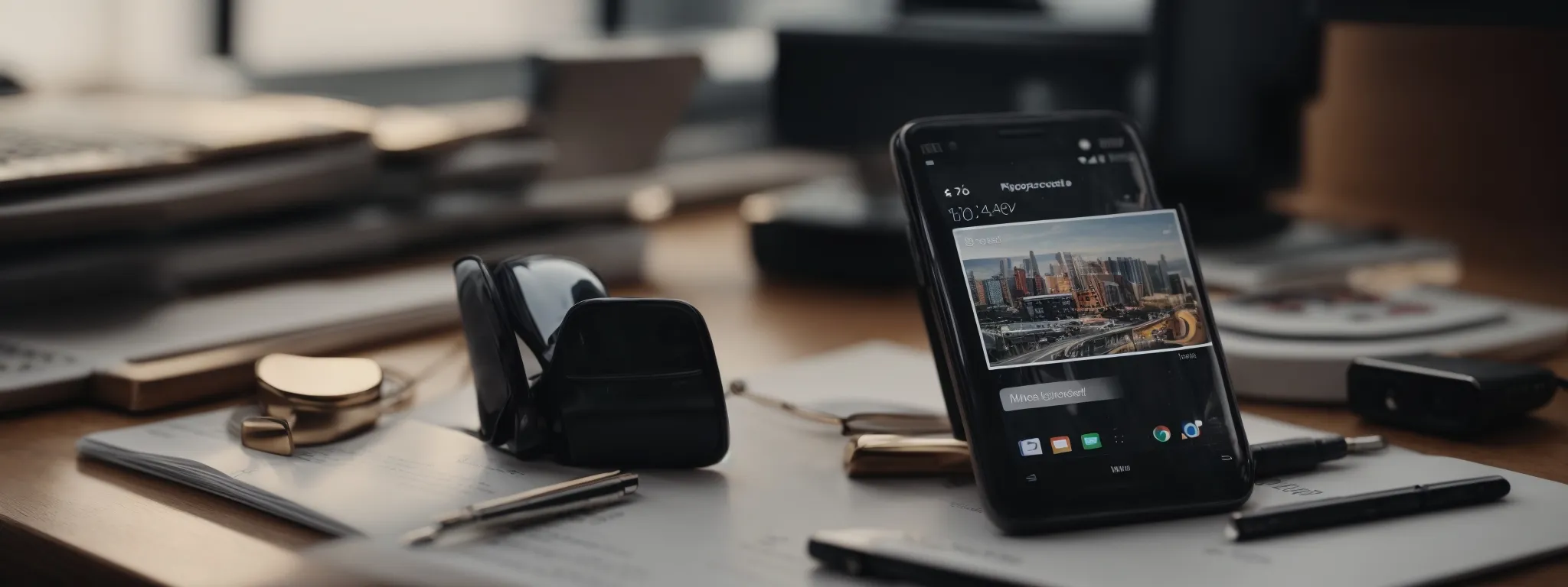 a smartphone resting on a marketer's desk amidst seo strategy reports and charts.