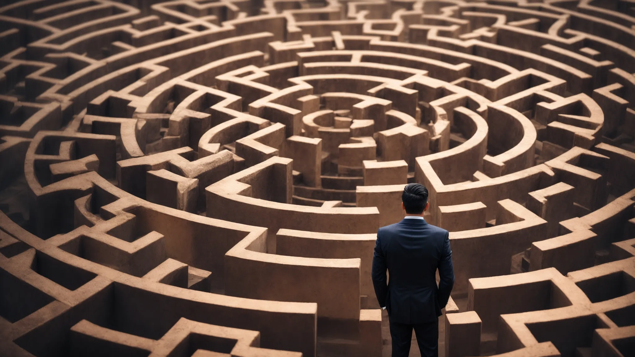 a businessperson staring at a complex maze, symbolizing the confusion around seo strategies without clear vision.