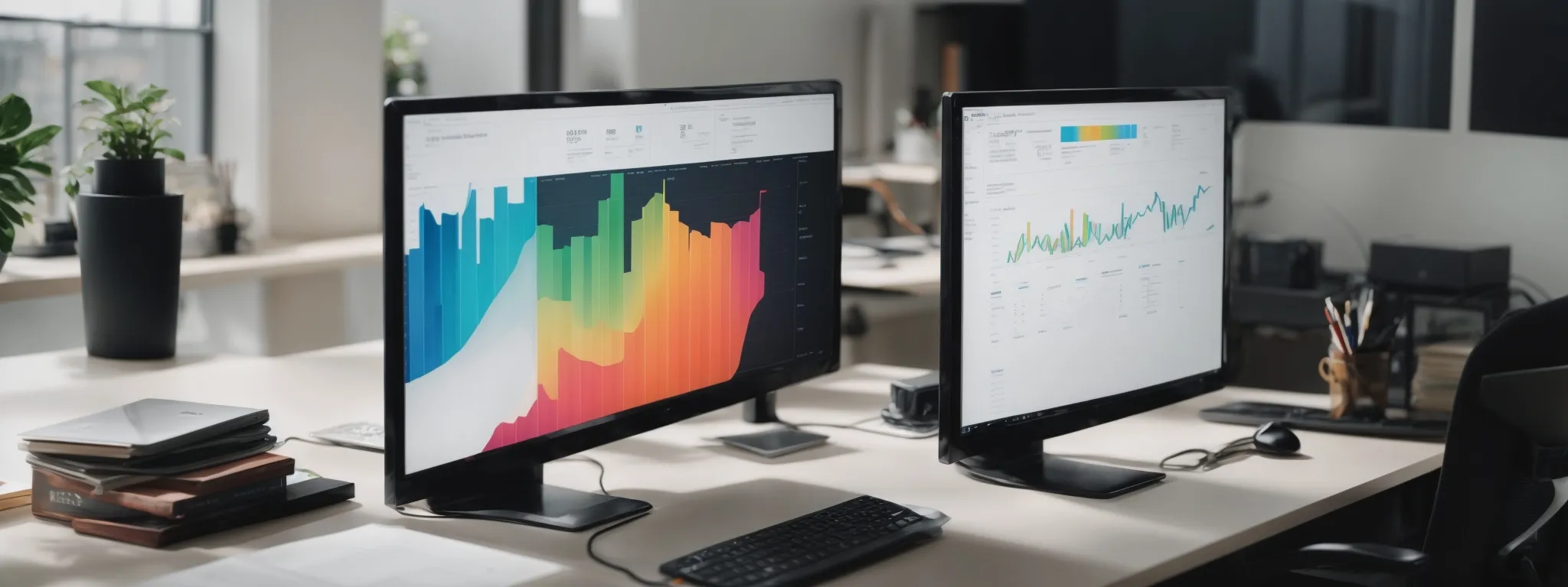 a widescreen computer monitor displaying colorful graphs and a strategy document amidst a minimalist office setup.