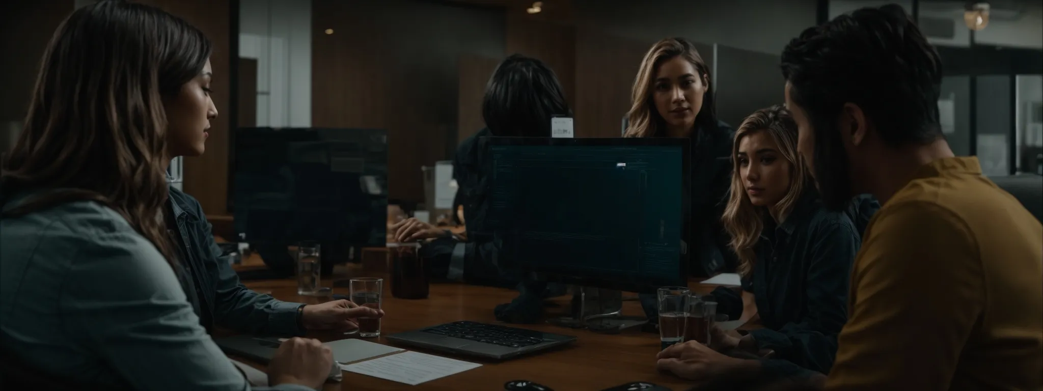 a strategy meeting with digital marketing professionals analyzing website interface on a computer screen.