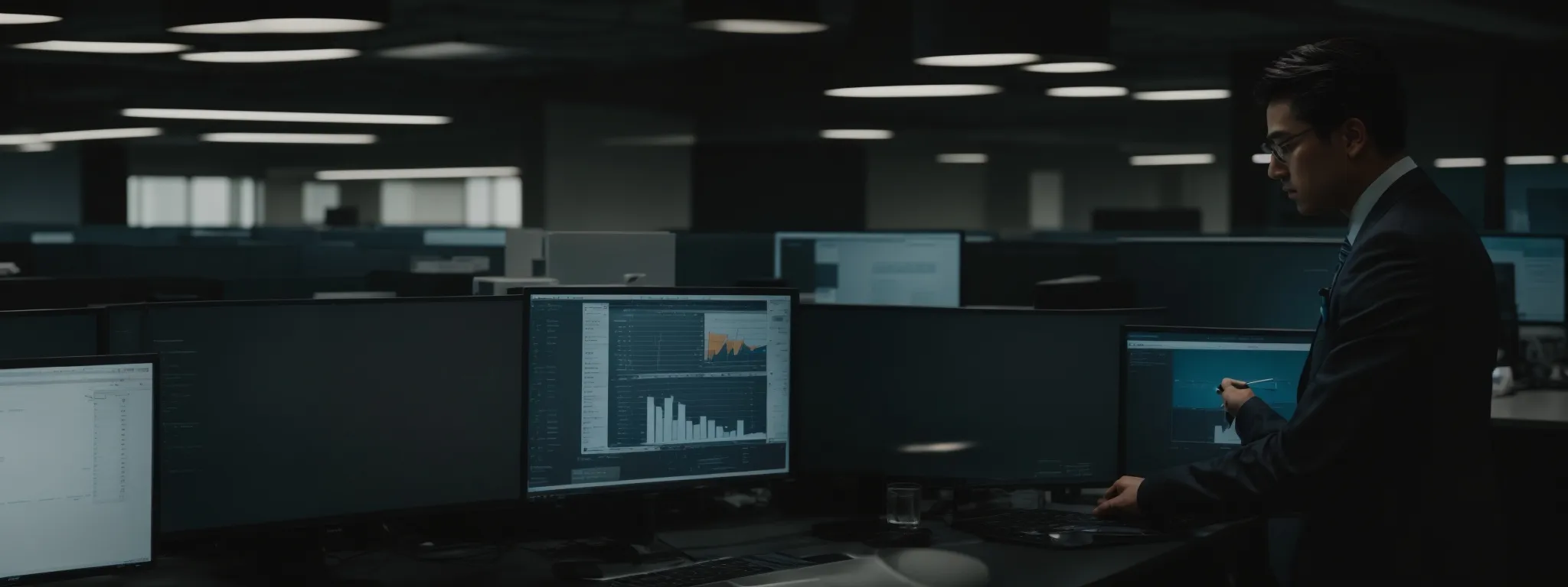 a professional in a modern office reviews data on a computer screen, strategizing for a digital marketing campaign.