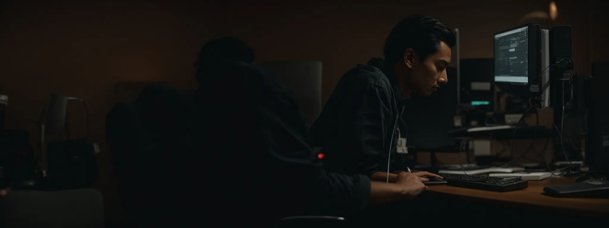 A person sits at a desk in a dimly lit room, focused on a computer screen displaying code or technical information.