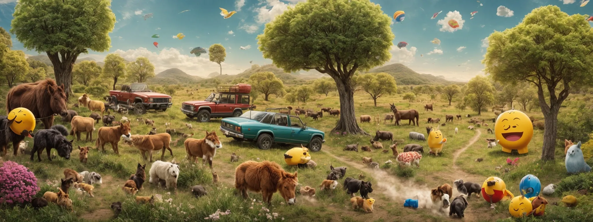 a panorama of assorted emojis including trees, animals, and weather icons, sweeping across a digital landscape.