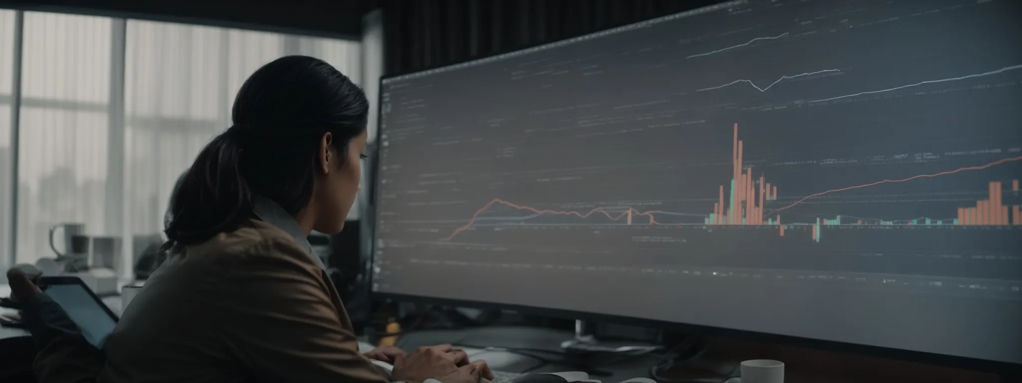 A person sits at a desk analyzing financial data and graphs displayed on a large computer monitor in an office setting.