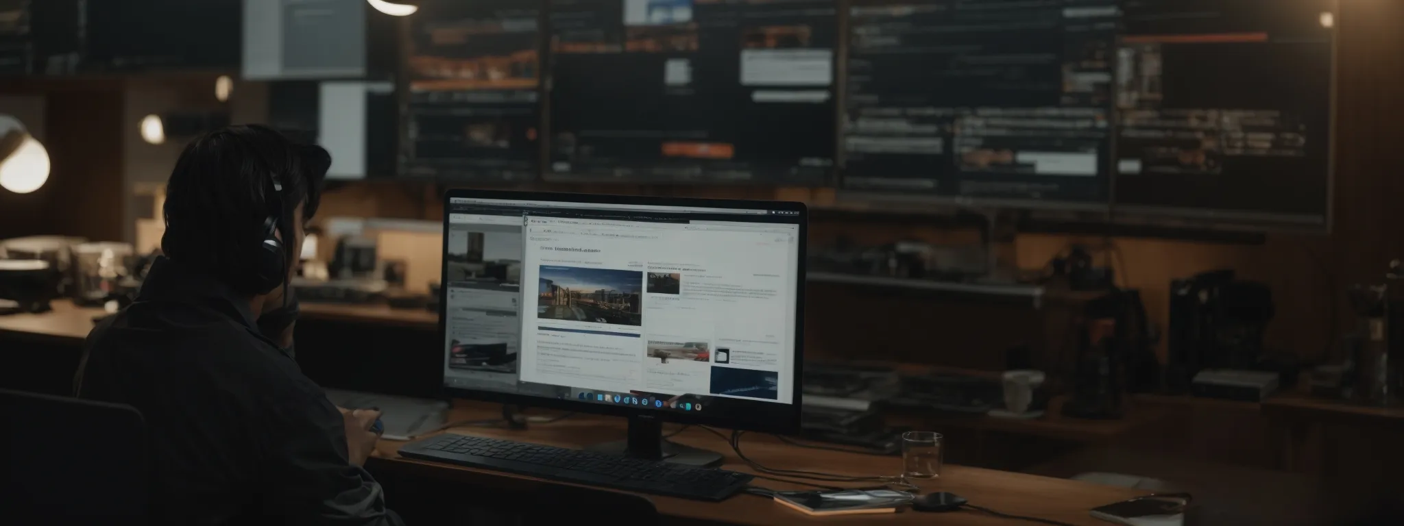 a person sitting at a computer with multiple browser tabs open showing different websites with analytically-oriented interfaces.