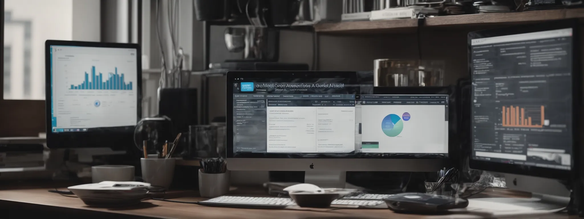 a tech-savvy virtual assistant efficiently manages a digital seo campaign on a computer screen displaying analytics and optimization tools.