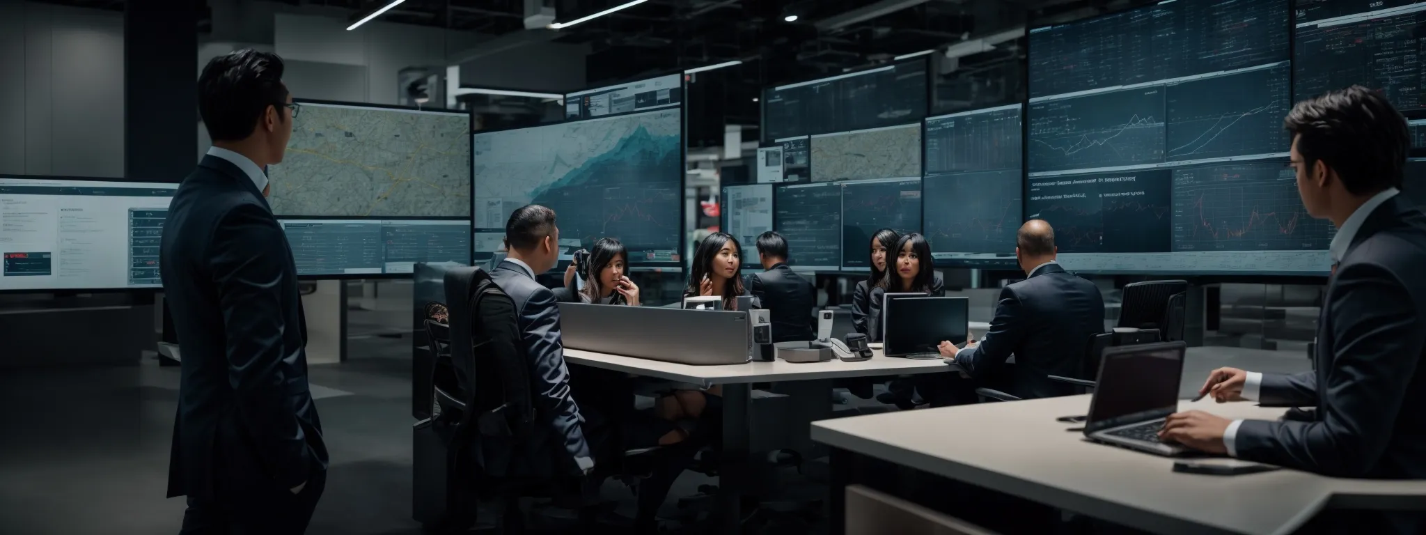 a dynamic marketing team strategizes around a large, interactive digital screen showing web traffic analytics.