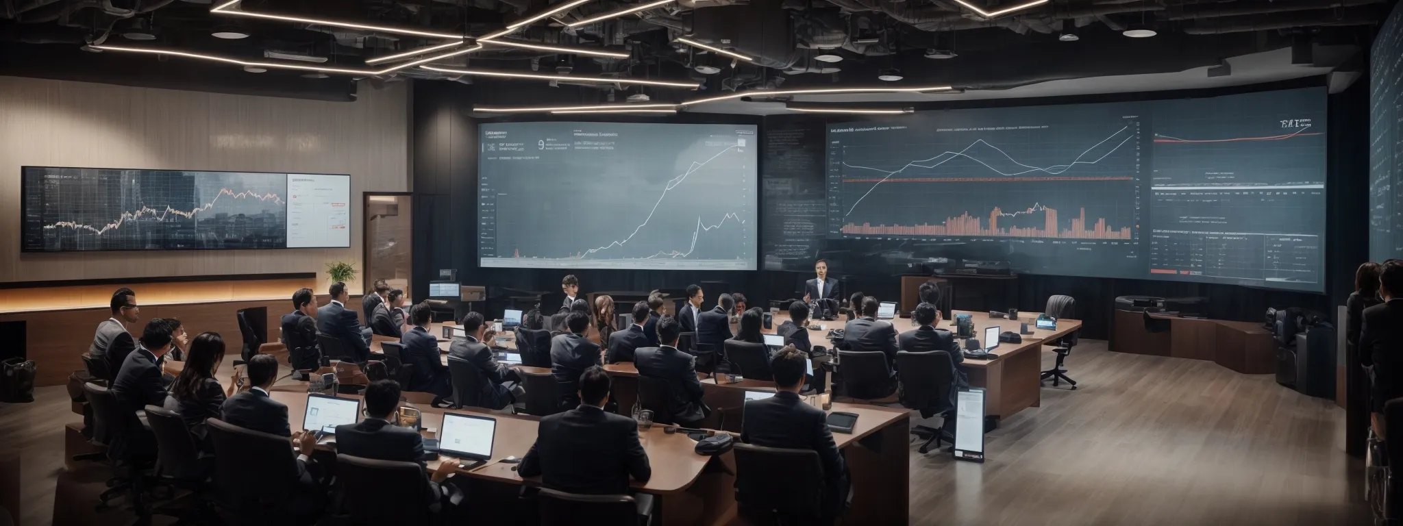 a modern, spacious conference room with a large digital screen displaying graphs and analytics, where marketing professionals gather for a presentation on seo trends.